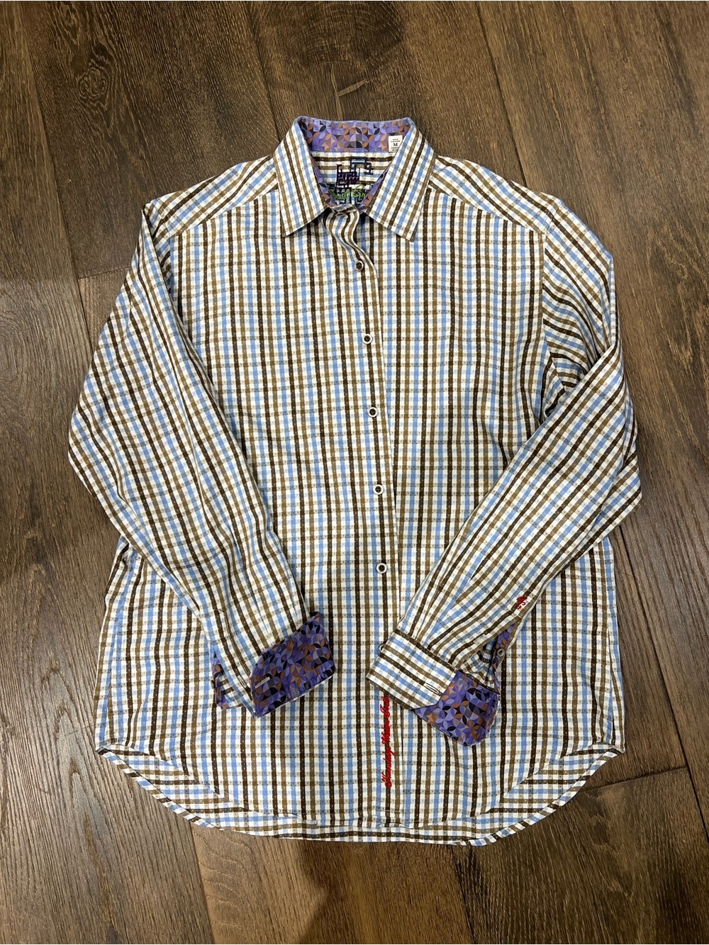 Robert Graham Blue, Brown & White Checked Dress Shirt with Patterned Accents